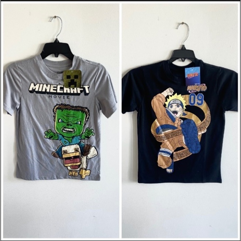 LOT of 2 Minecraft Movie & Naruto Graphic T-Shirt New‎ Size 10 Gray Black